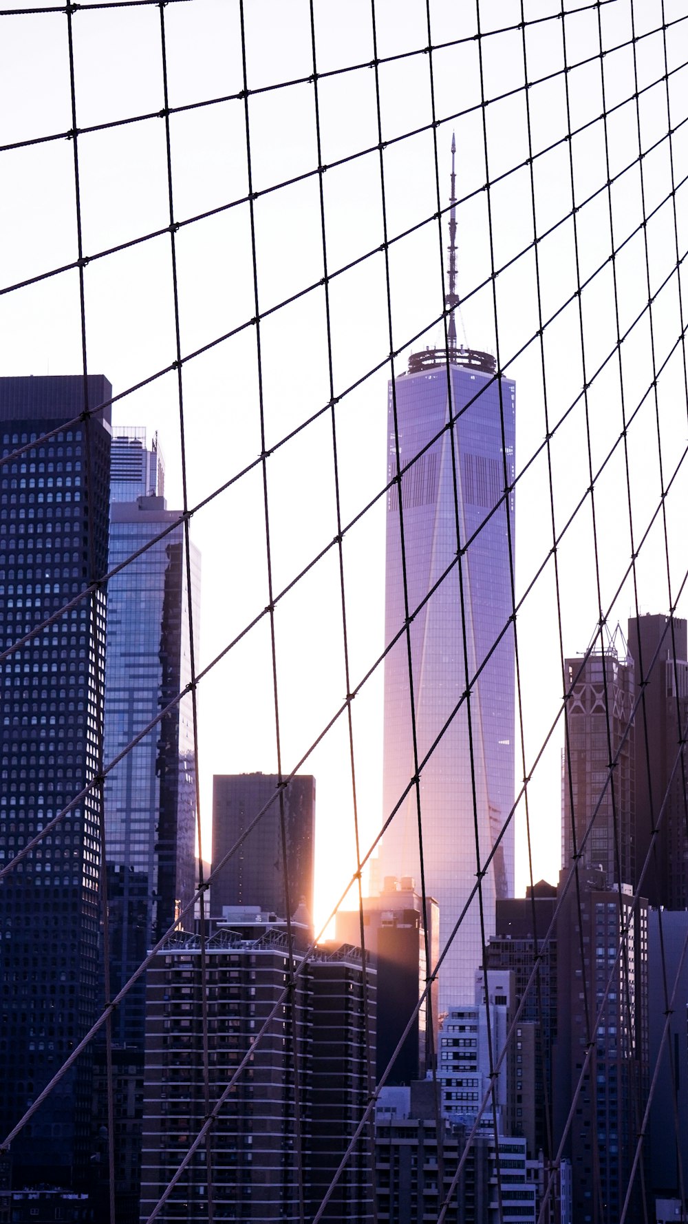 a view of a city skyline through a wire fence