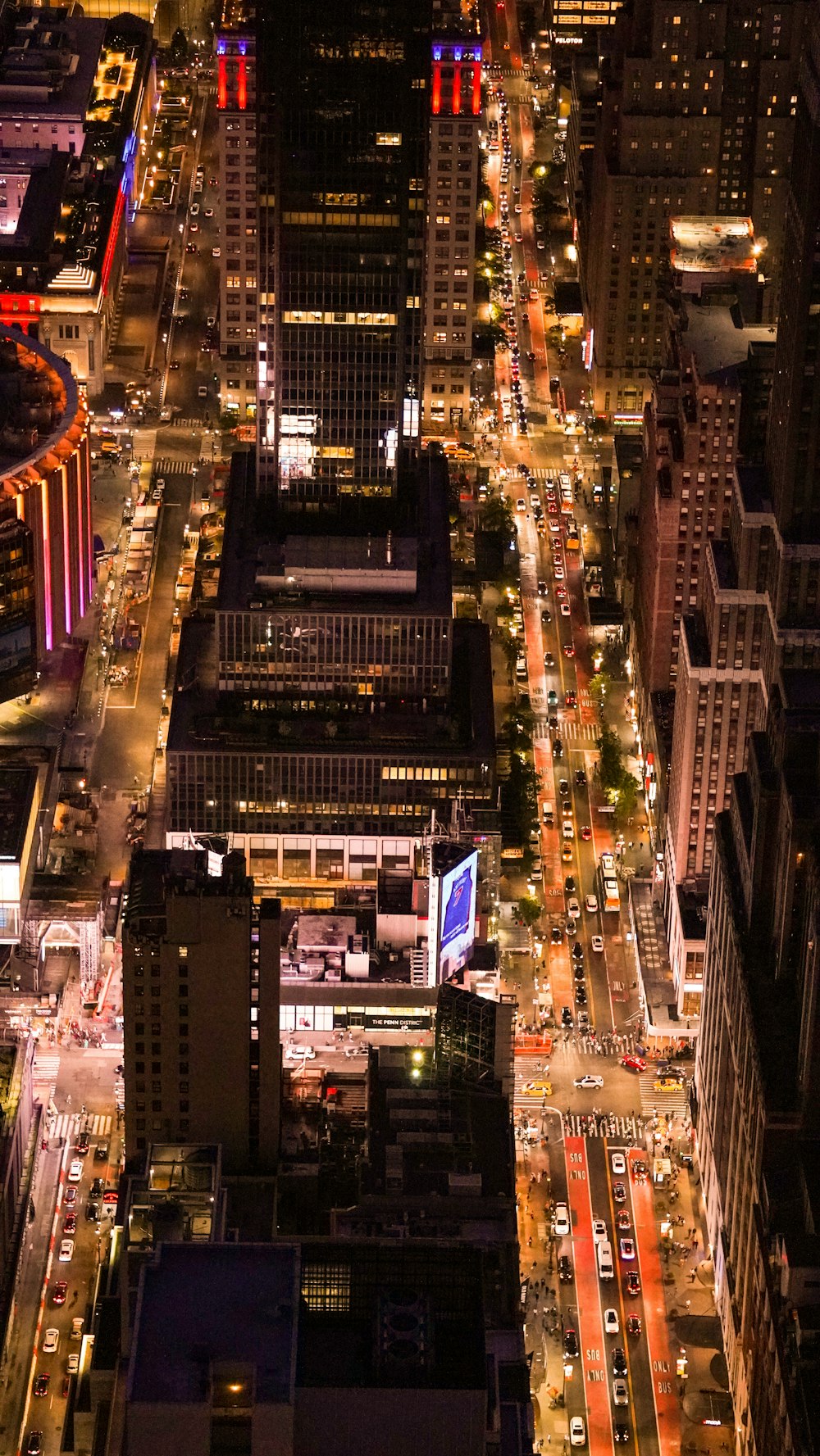 an aerial view of a city at night