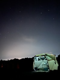 A cozy luxury tent under a starlit Moroccan night sky.