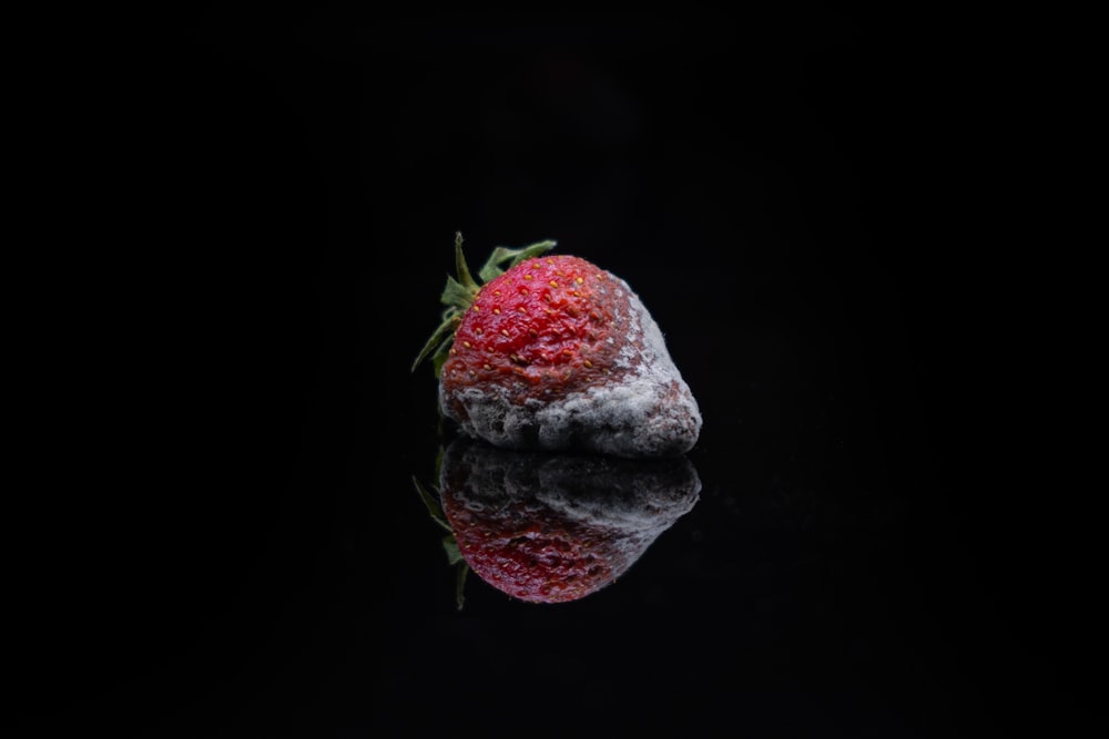 eine einzelne Erdbeere, die auf einer schwarzen Oberfläche sitzt