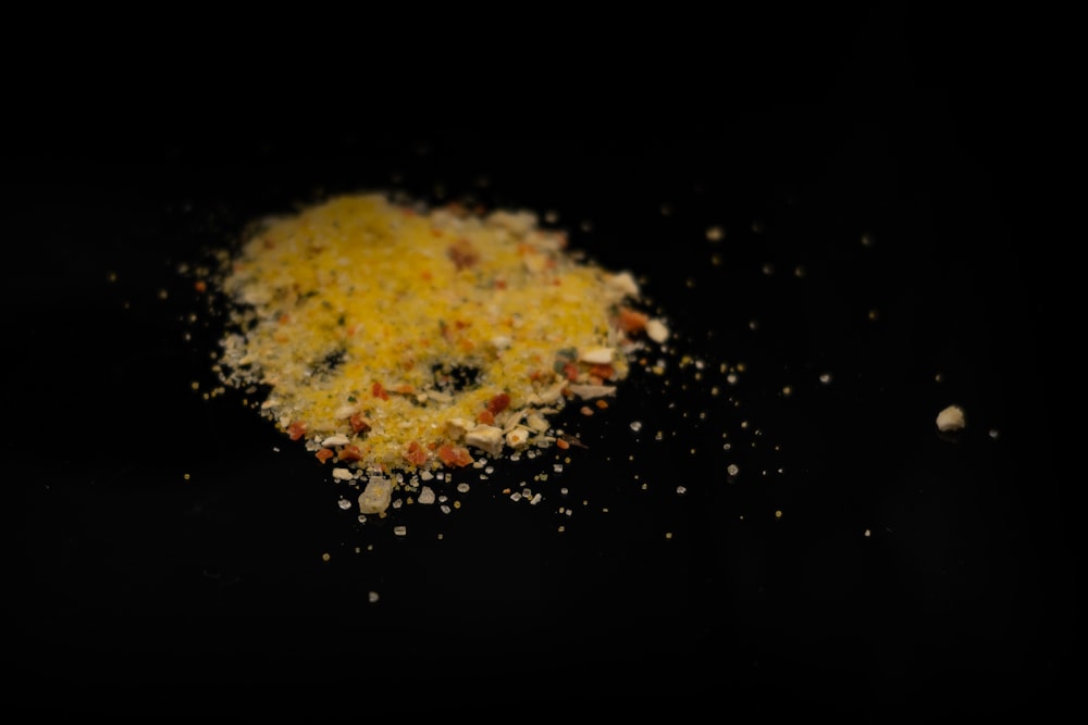 a close up of a pile of food on a table