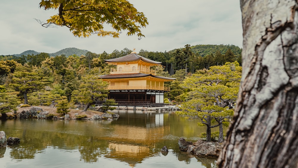 a yellow building sitting on top of a lush green field