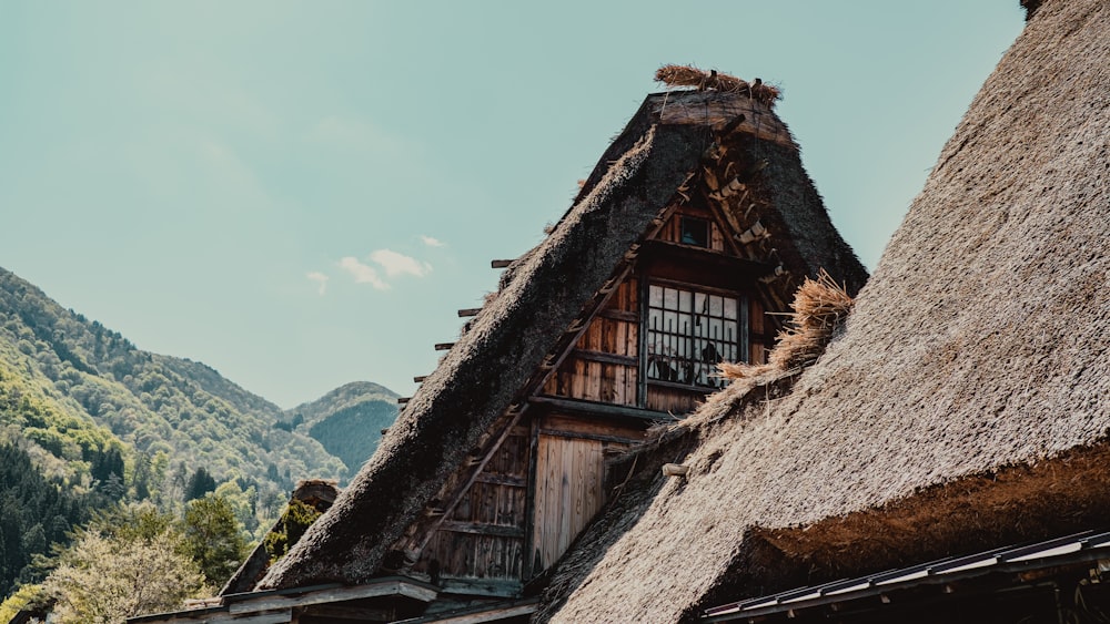 a house with a thatched roof and mountains in the background