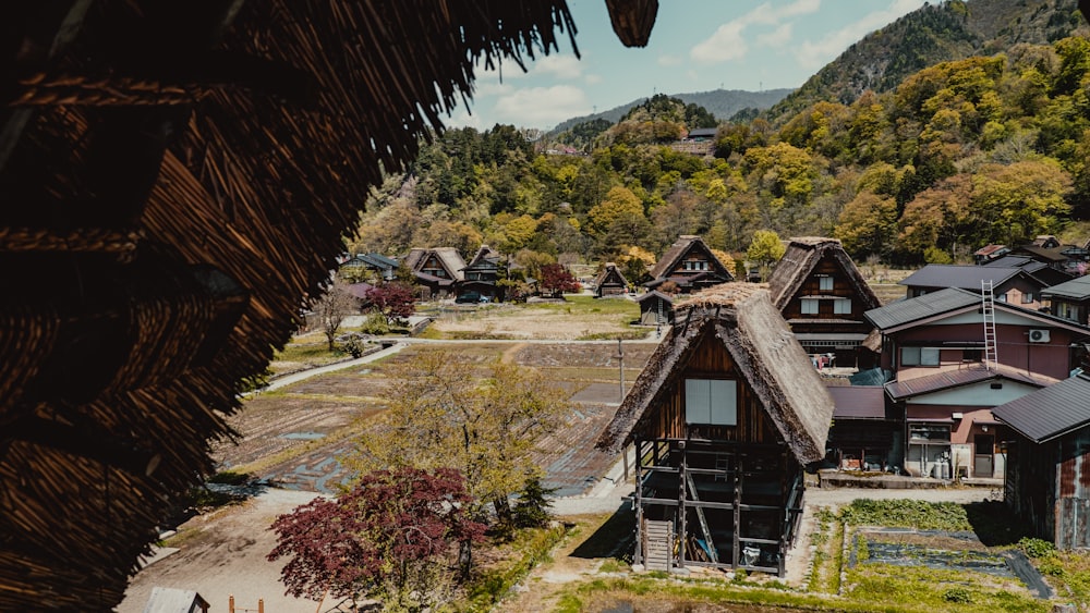 an aerial view of a village in the mountains