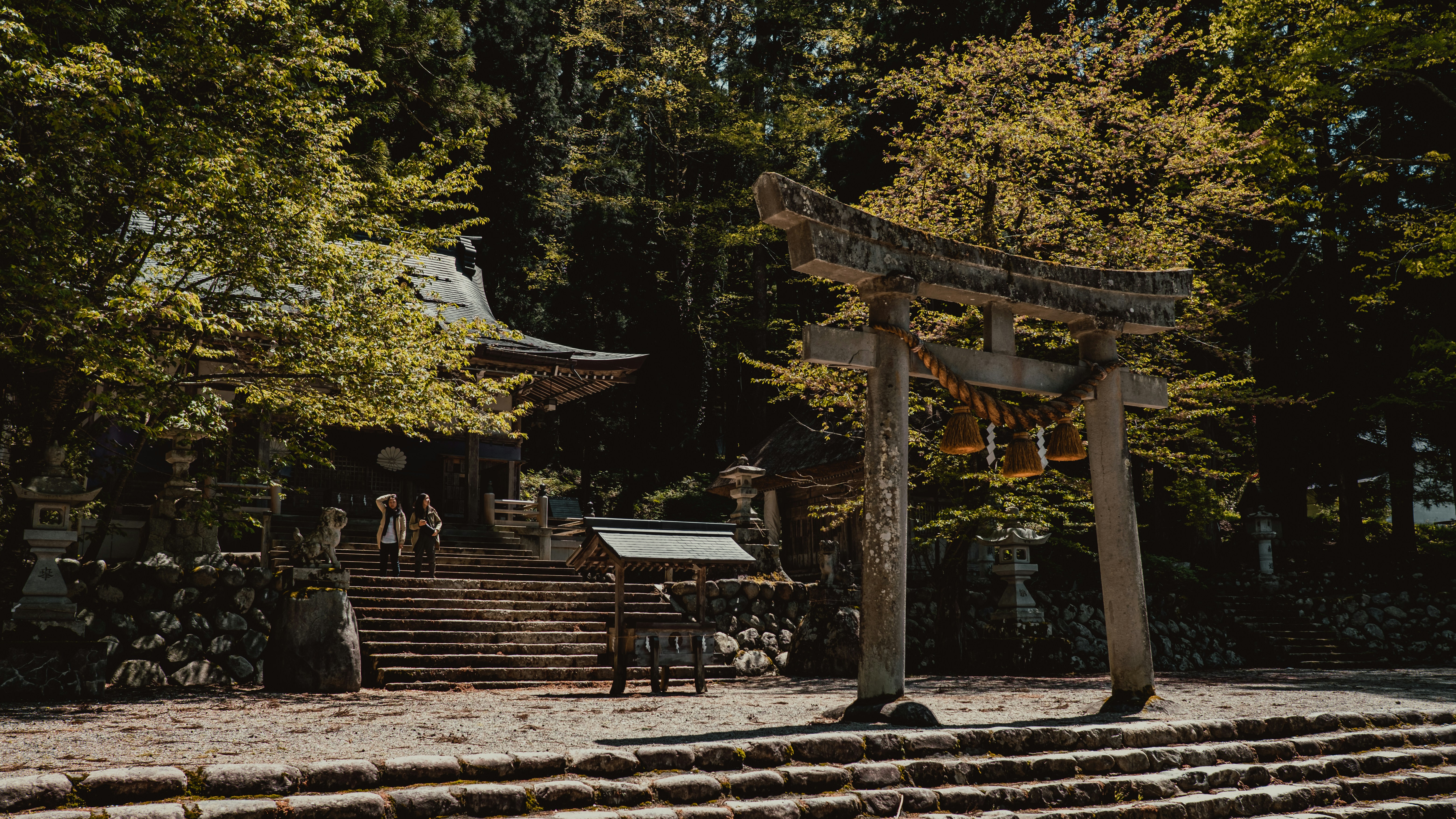a group of people standing in front of a wooden structure