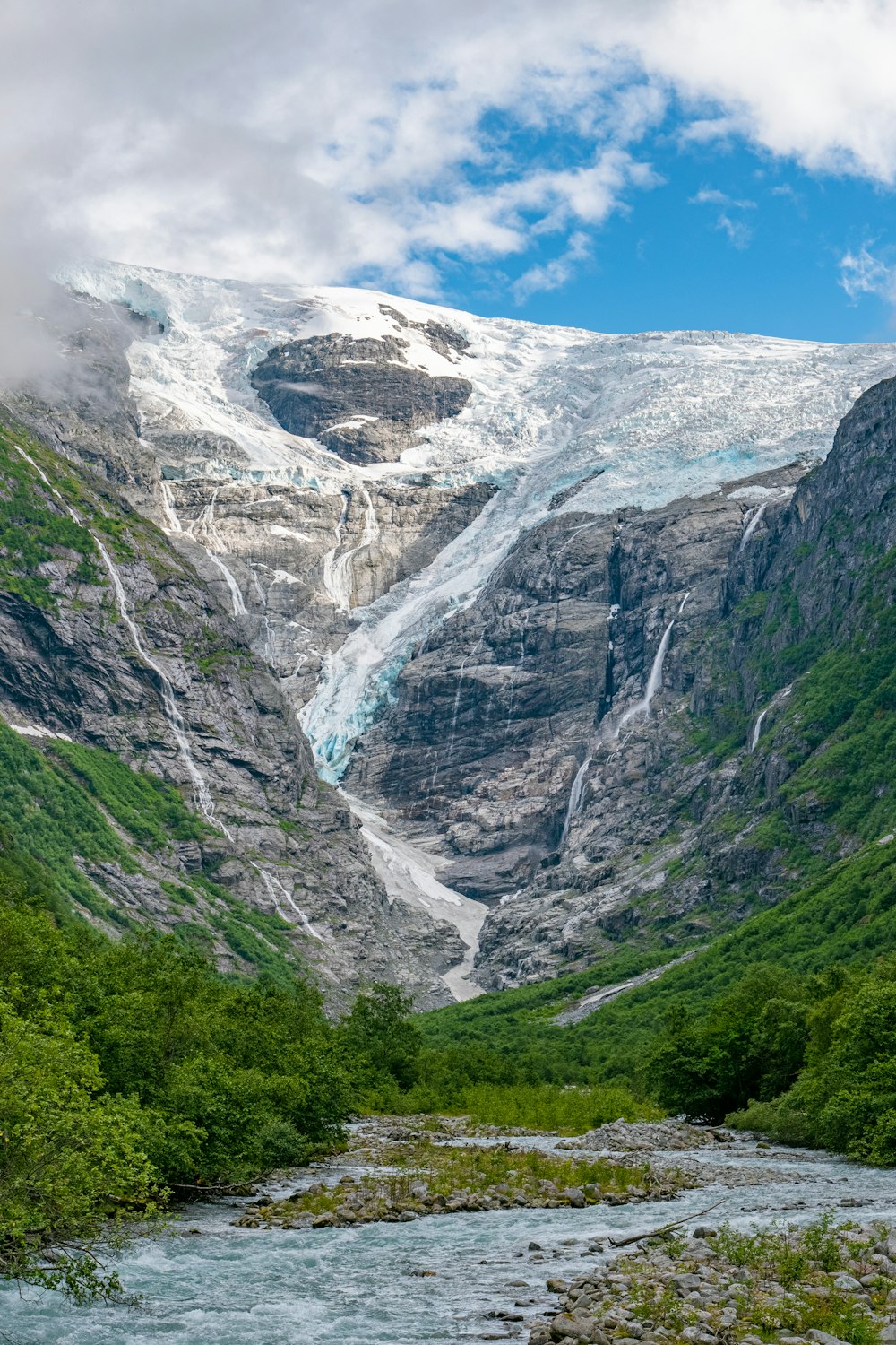 a river running through a lush green valley