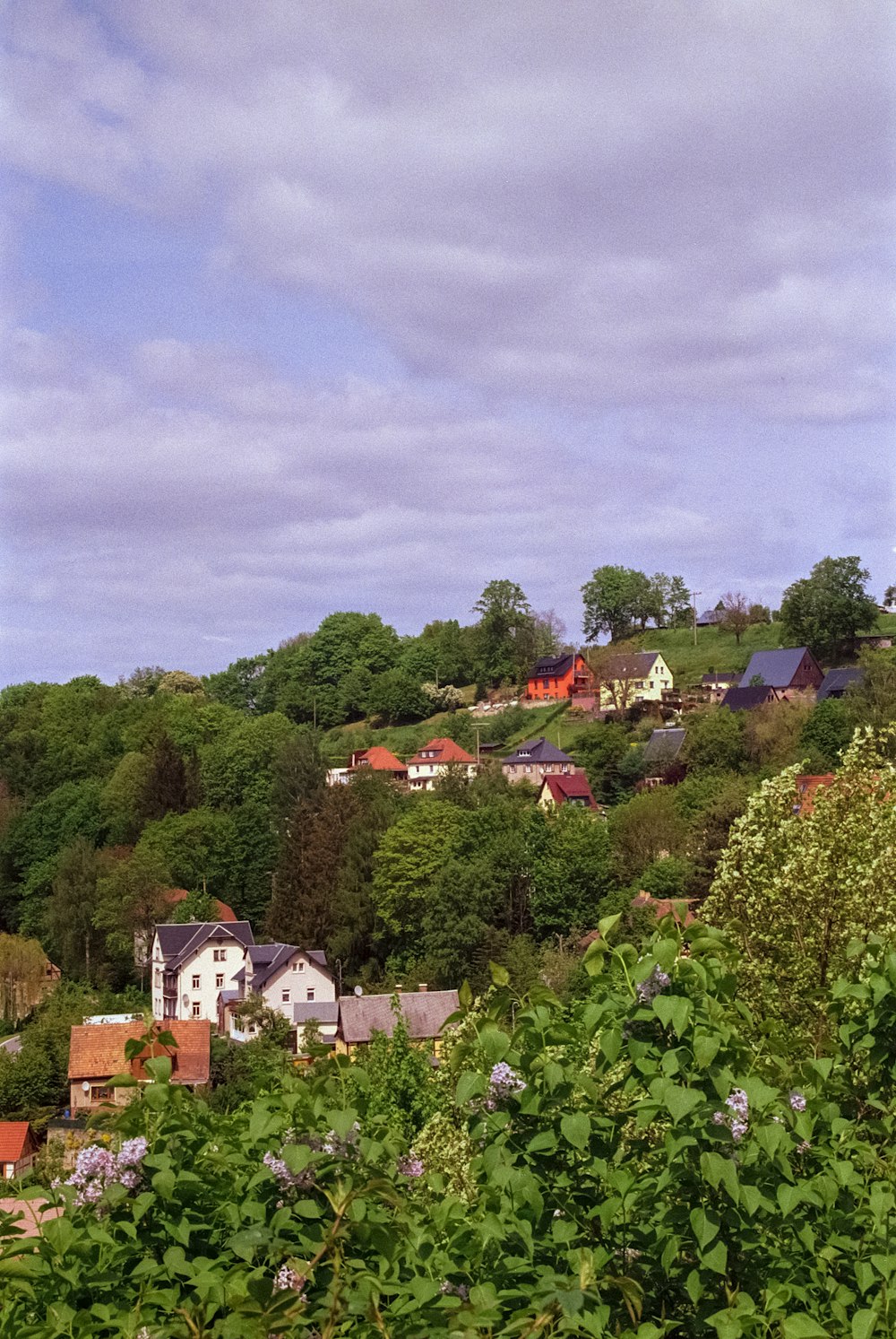 a view of a small village on a hill