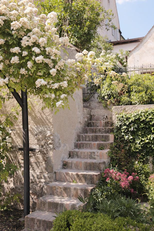 Rustic granite staircase outdoors surrounded by lush greenery and natural stone walls