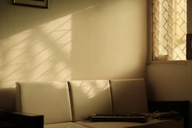 A technician carefully cleaning a cozy upholstered sofa in a sunlit living room.