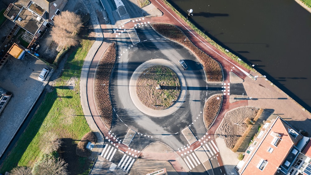 an aerial view of a circular park in a city