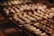 A variety of artisanal chocolates are displayed on wooden trays. The chocolates appear in different shapes and are decorated with intricate designs, featuring a glossy and smooth finish.