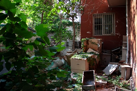 An outdoor scene shows a neglected area with overgrown greenery and abandoned office furniture, including filing cabinets and scattered debris. The background includes a brick wall with a barred window.