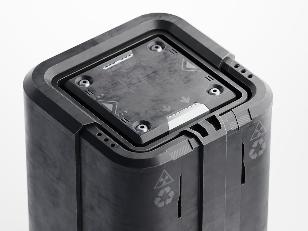 a close up of a black plastic container