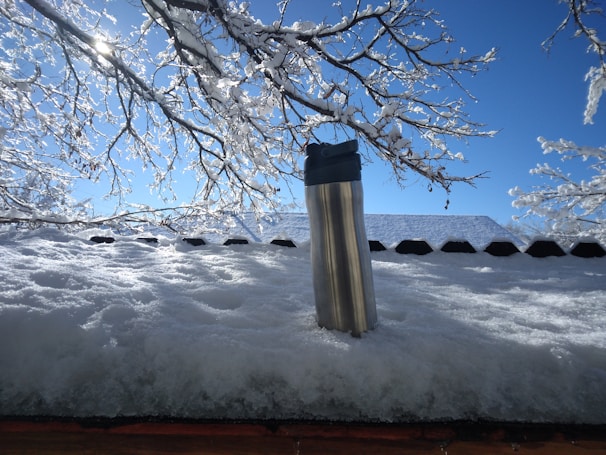 A stainless steel thermos is placed on a snowy surface with a backdrop of snow-covered branches and a clear blue sky. Sunlight is creating a bright reflection on the snow and the thermos.