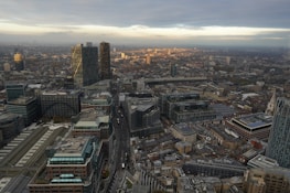 An aerial view of an urban skyline with skyscrapers, symbolizing growth and technology.