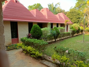 A row of cottages with distinct, reddish-pink, triangular roofs is seen. The cottages have beige walls and green-painted door frames. In front of the cottages, there is a well-maintained garden with various shrubs, bushes, and small trees. A concrete pathway runs alongside the garden.