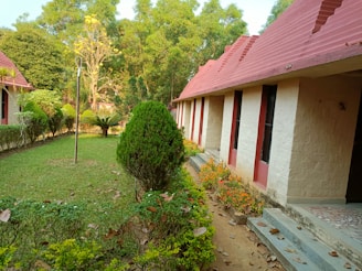A garden area with well-maintained foliage, including various shrubs and a palm-like plant. The garden is adjacent to a building with a beige exterior and red tiled roof. The area is surrounded by trees, some with yellow flowers. There are fallen leaves scattered on the grass and path.