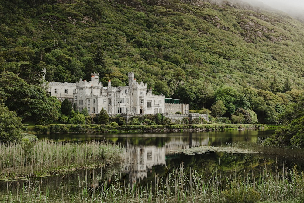 a large white castle sitting on top of a lush green hillside