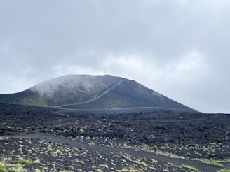 A volcanic landscape with a barren, rocky ground covered in dark ash. A conical volcano rises in the background, partially shrouded in mist or fog. Sparse patches of grass or vegetation are visible, adding small touches of green to the scene. The sky is overcast with a mix of grey clouds.
