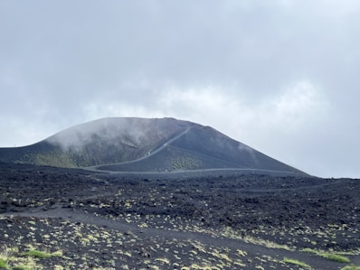 A volcanic landscape with a barren, rocky ground covered in dark ash. A conical volcano rises in the background, partially shrouded in mist or fog. Sparse patches of grass or vegetation are visible, adding small touches of green to the scene. The sky is overcast with a mix of grey clouds.