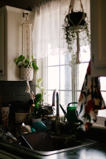 A cozy kitchen sink area illuminated by natural light streaming through a window with sheer curtains. Hanging plants in macramé holders add a touch of greenery, while a clutter of dishes and a green watering can are visible on the countertop.