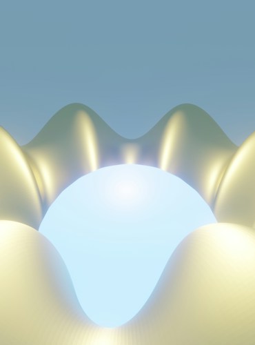 A surreal landscape featuring smooth, undulating golden hills under a clear blue sky. The center is dominated by an intense light source, creating an ethereal and dreamlike atmosphere.