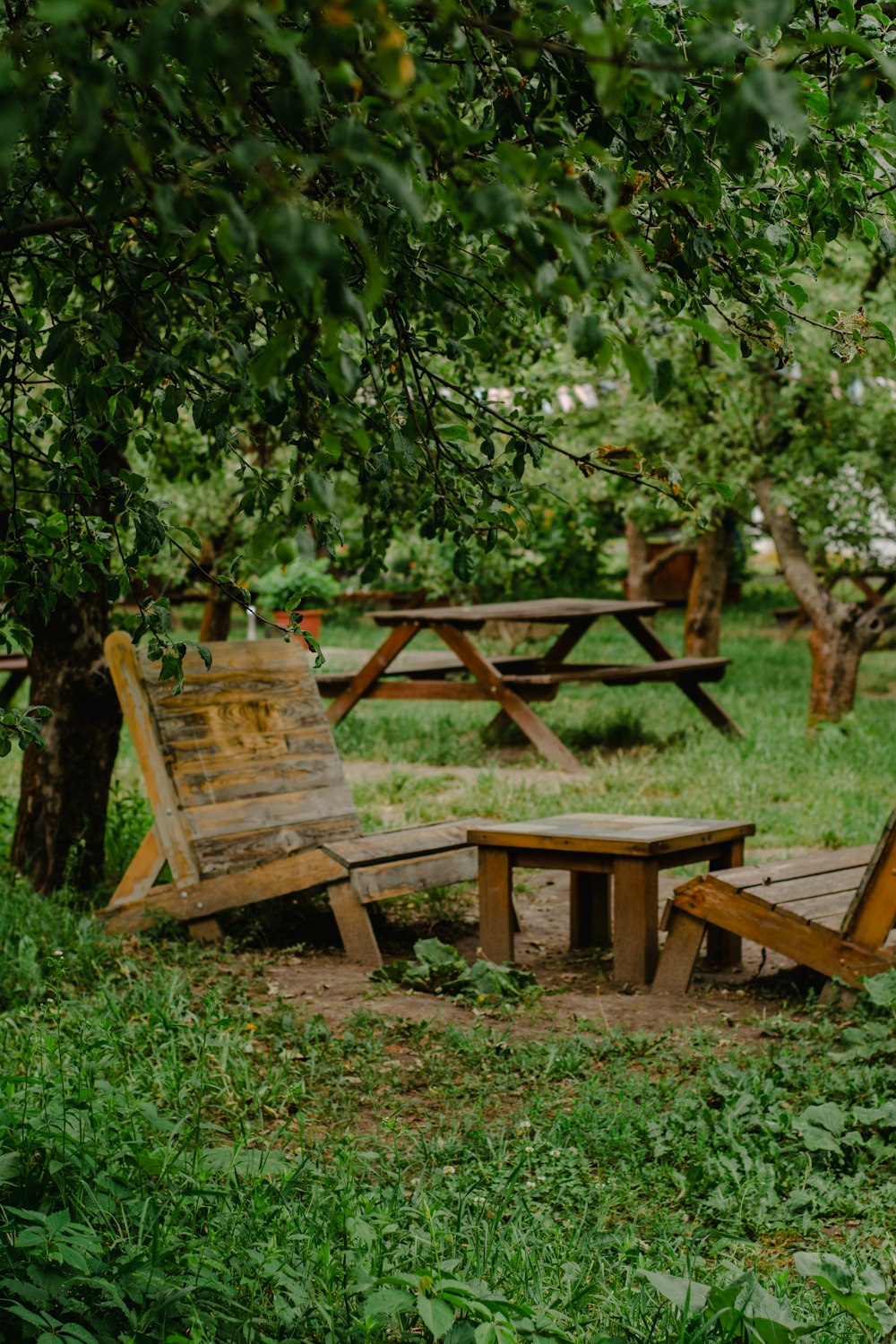a picnic table and benches in a grassy area