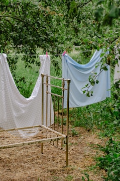 Two light-colored sheets are hanging on a clothesline in a lush, green garden. An old, rusty bed frame is positioned nearby, set among grass and straw-covered ground. Trees with dense foliage surround the area, creating a serene and rustic outdoor setting.