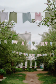 A serene outdoor scene with a charity event banner fluttering gently in the breeze