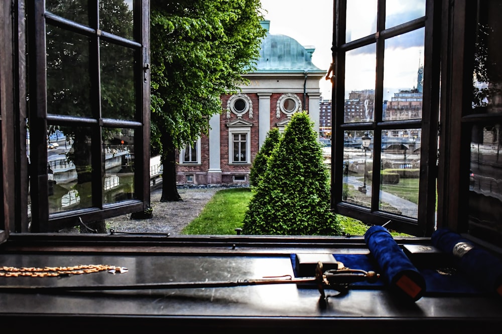 a view of a building through a window