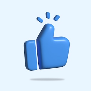 A vibrant blue and white gradient background with animated thumbs-up icons floating.