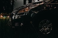 A dark, moody photograph depicting part of a car parked in a shadowy area, surrounded by tall grass and silhouetted against a dimly lit background. The focus is on the front and side of the vehicle, highlighting its shiny surface and details like the headlight and wheel.