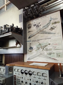 A technical room with a large control panel featuring numerous dials, gauges, and switches is prominent. A detailed diagram of an aircraft