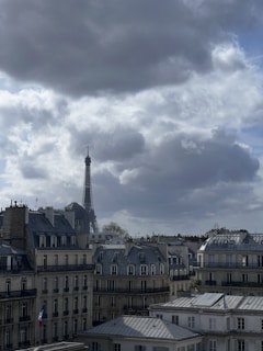 The image captures a cloudy sky over a cityscape featuring iconic Parisian architecture. In the distance, the Eiffel Tower stands prominently amid the historical buildings. The rooftops of the surrounding buildings are characteristically Parisian with mansard styles and elegant facades.