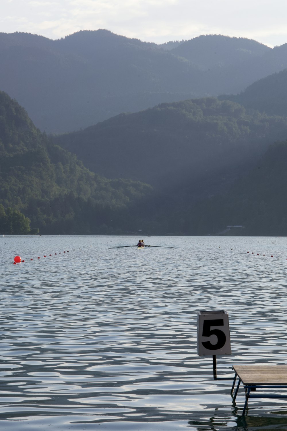 a number five sign sitting in the middle of a lake