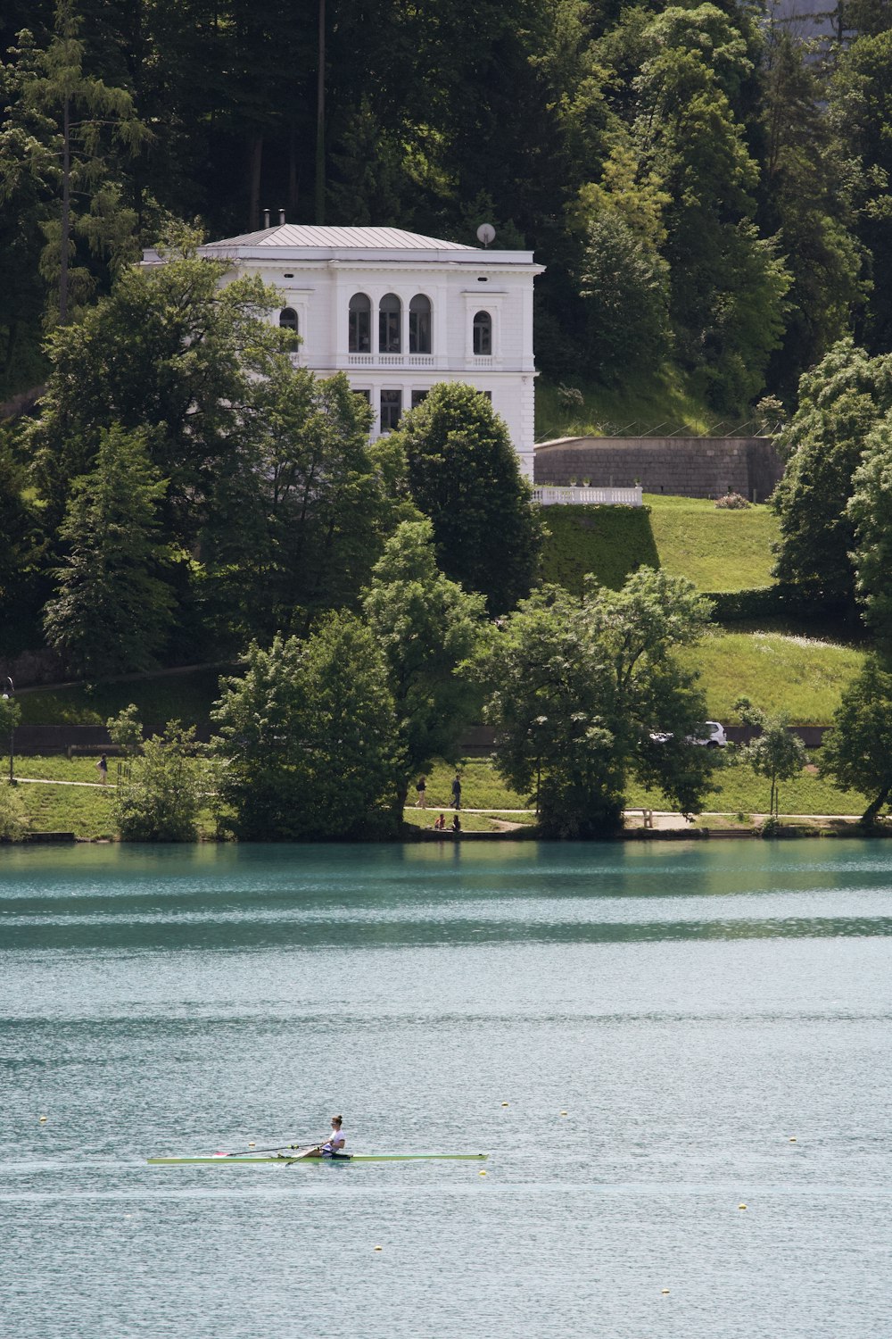 a person rowing a boat on a lake