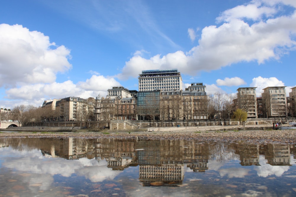 a body of water with buildings in the background