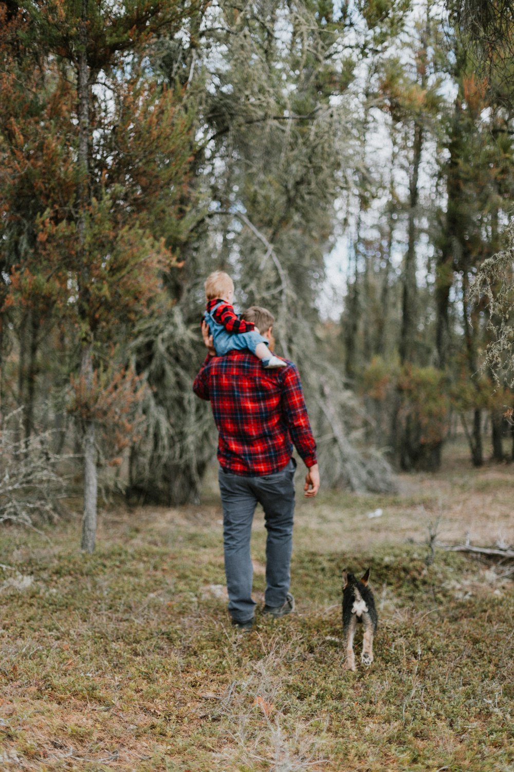 Un hombre caminando por un bosque cargando a un niño en la espalda