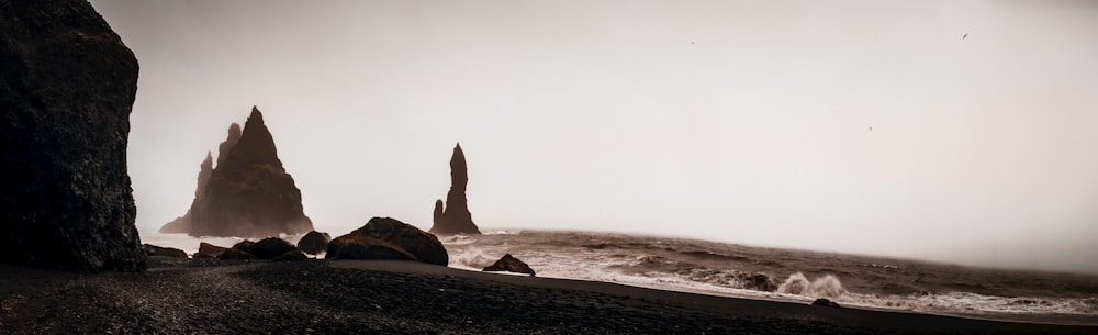 岩だらけのビーチの白黒写真