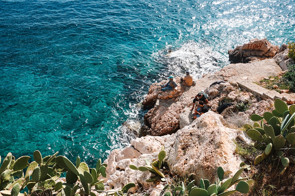 a couple of people sitting on top of a cliff next to the ocean