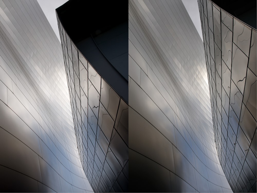 a series of photographs of a building with a sky background