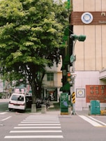 A tree provides shade on the sidewalk beside a busy street corner. A white van is parked to the side, and a row of motorbikes lines the building. The building wall displays a sign for the Southern Administration of the National Immigration Agency. A pedestrian crosswalk and traffic light are visible, with some graffiti on nearby utility boxes. The scene conveys a sense of urban daily life.