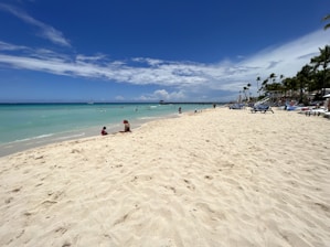 A sunny beach with turquoise water and a couple relaxing under palm trees.
