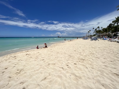 A sunny beach with turquoise water and a couple relaxing under palm trees.