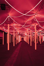 An exclusive underground party scene bathed in deep red and gold lighting.