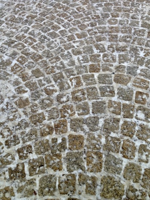 An arrangement of cobblestones forming an intricate circular pattern on a pathway. The stones have a weathered appearance with varying shades of gray and brown, and the gaps are filled with light-colored mortar.