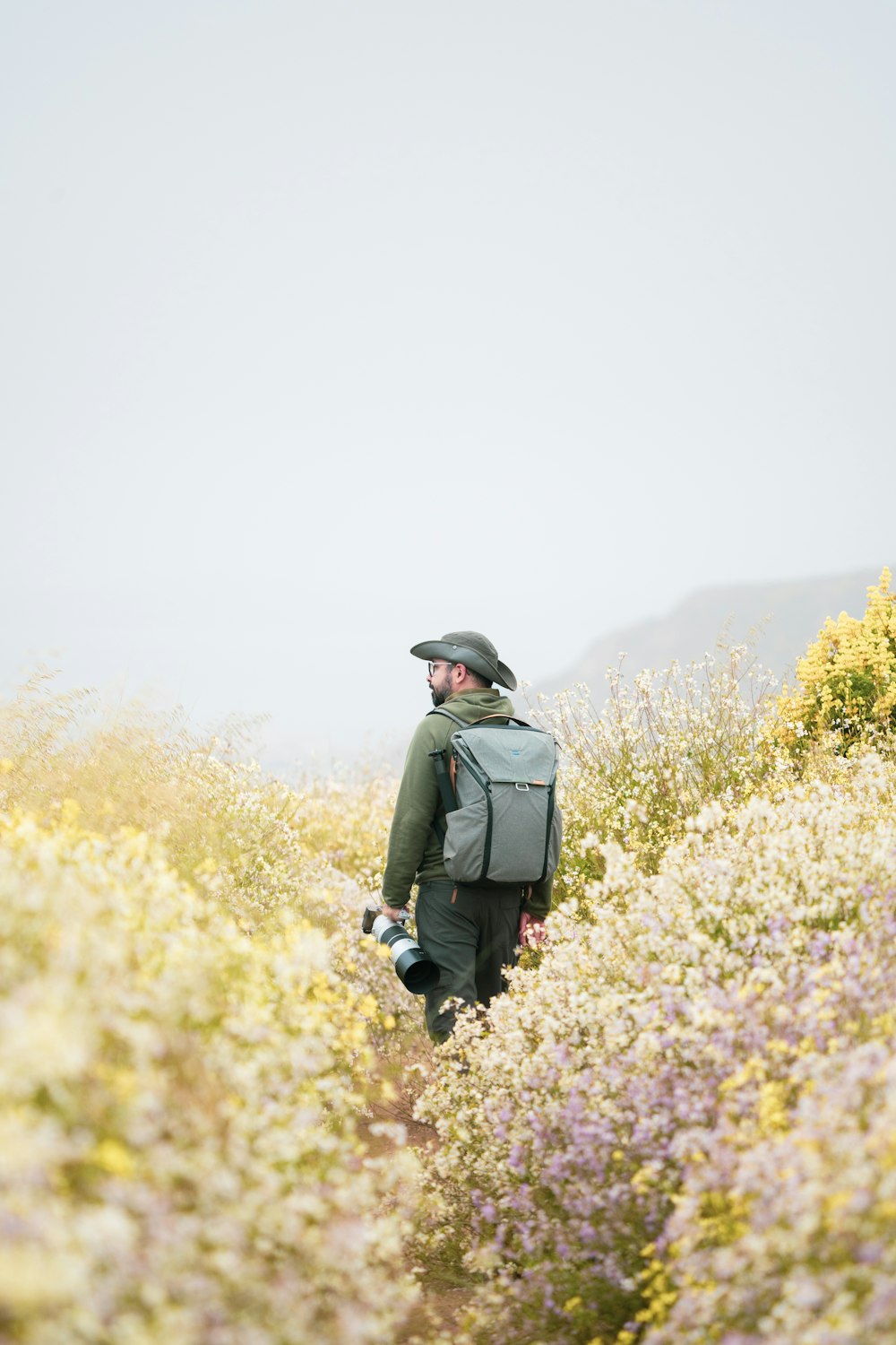 a man with a backpack walking through a field of flowers