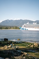 A large cruise ship with blue wave patterns is sailing across a calm body of water. In the background, there are lush green forests and tall mountains under a clear blue sky. Rocks and a patch of green mossy ground are visible in the foreground.