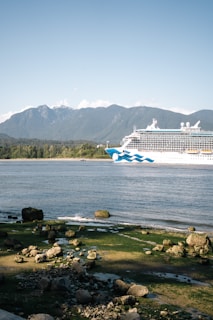 A large cruise ship with blue wave patterns is sailing across a calm body of water. In the background, there are lush green forests and tall mountains under a clear blue sky. Rocks and a patch of green mossy ground are visible in the foreground.