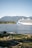 A large cruise ship with blue wave patterns is sailing across a calm body of water. In the background, there are lush green forests and tall mountains under a clear blue sky. Rocks and a patch of green mossy ground are visible in the foreground.